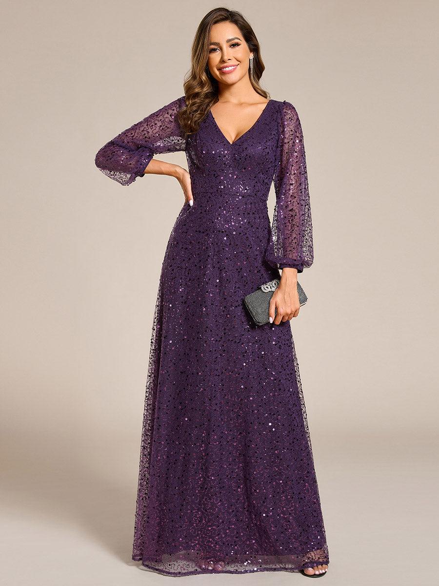 Robe de soirée trapèze à paillettes col en V manches longues et paillettes #Couleur_Violet Fonce