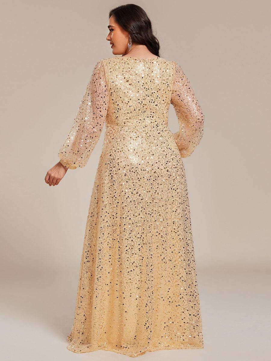 Grande taille Robe de soirée trapèze à paillettes col en V manches longues et paillettes#Couleur_Dorée