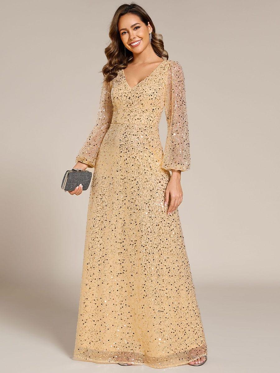 Robe de soirée trapèze à paillettes col en V manches longues et paillettes #Couleur_Dorée