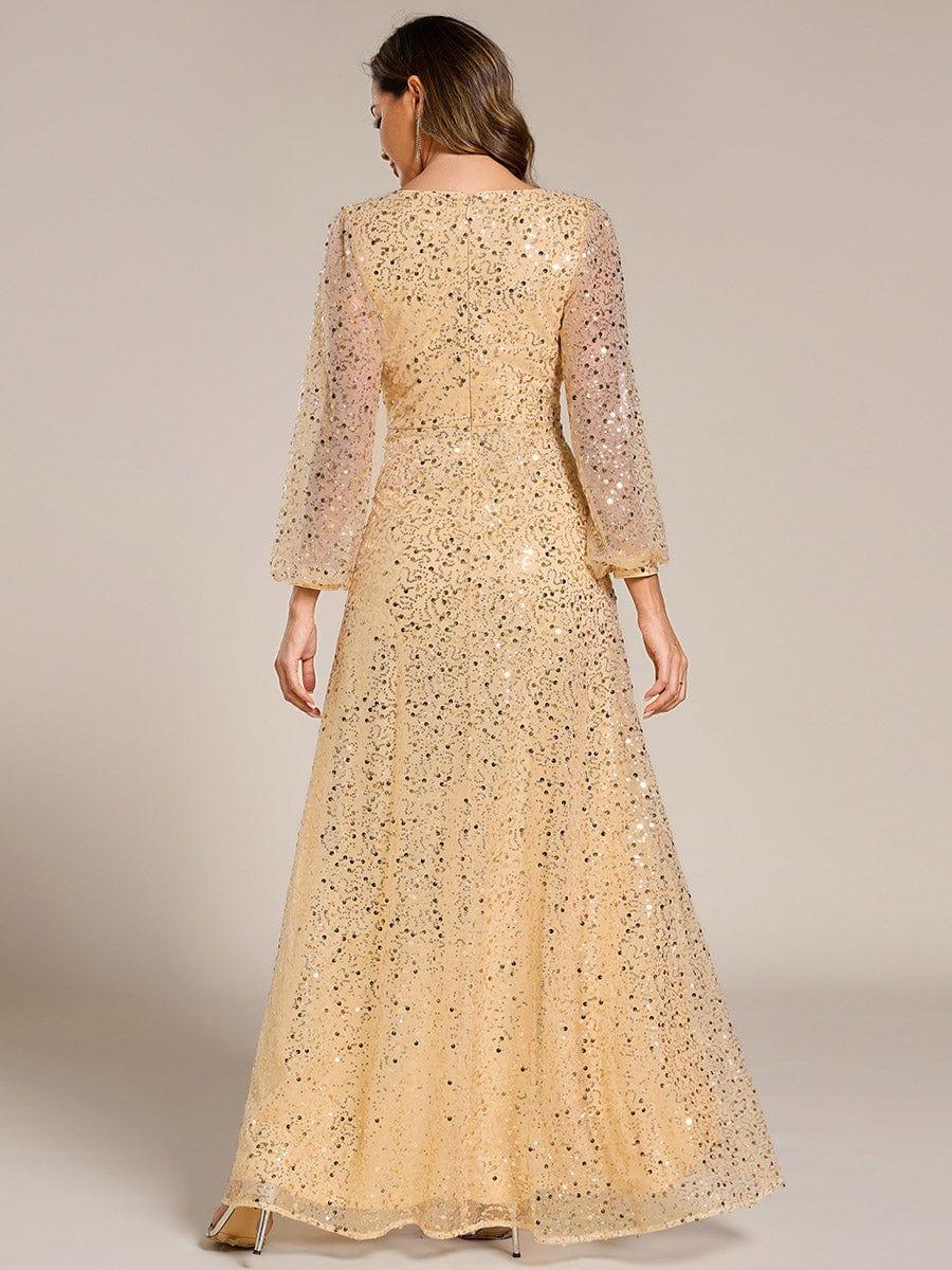 Robe de soirée trapèze à paillettes col en V manches longues et paillettes #Couleur_Dorée
