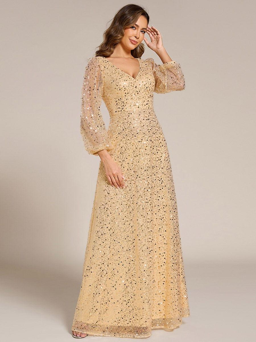 Robe de soirée trapèze à paillettes col en V manches longues et paillettes #Couleur_Dorée