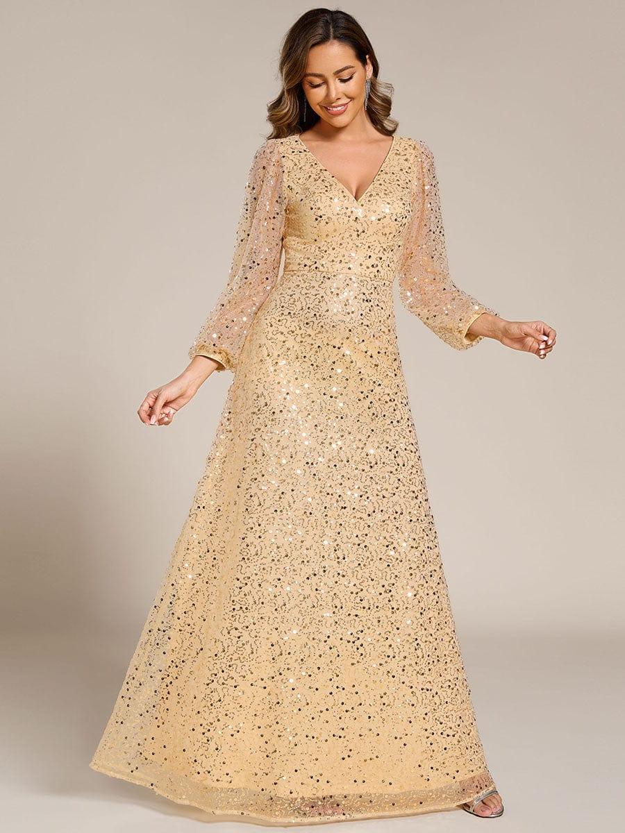 Robe de soirée trapèze à paillettes col en V manches longues et paillettes #Couleur_Dorée