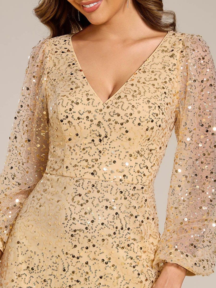Robe de soirée trapèze à paillettes col en V manches longues et paillettes #Couleur_Dorée