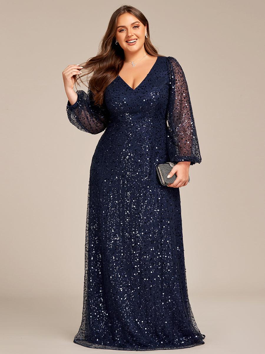 Grande taille Robe de soirée trapèze à paillettes col en V manches longues et paillettes#Couleur_Bleu Marine Grande taille Robe de soirée trapèze à paillettes col en V manches longues et paillettes
