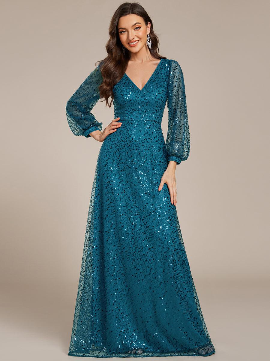 Robe de soirée trapèze à paillettes col en V manches longues et paillettes #Couleur_Bleu Sarcelle