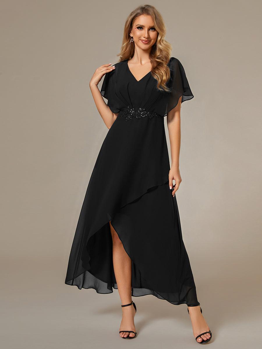 Robe Formelle élégante à Manches Courtes Et Taille Trapèze Avec Ourlet En Feuille De Lotus #Couleur_Noir