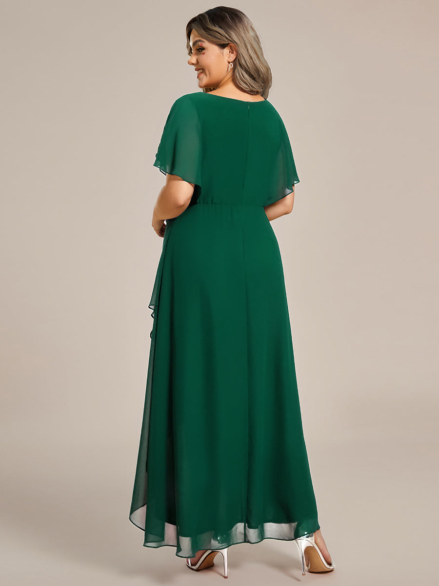 Robe D'invité De Mariage En Mousseline De Soie Mi-Longue Plissée à Manches à Volants Et Col En V #Couleur_Vert Fonce