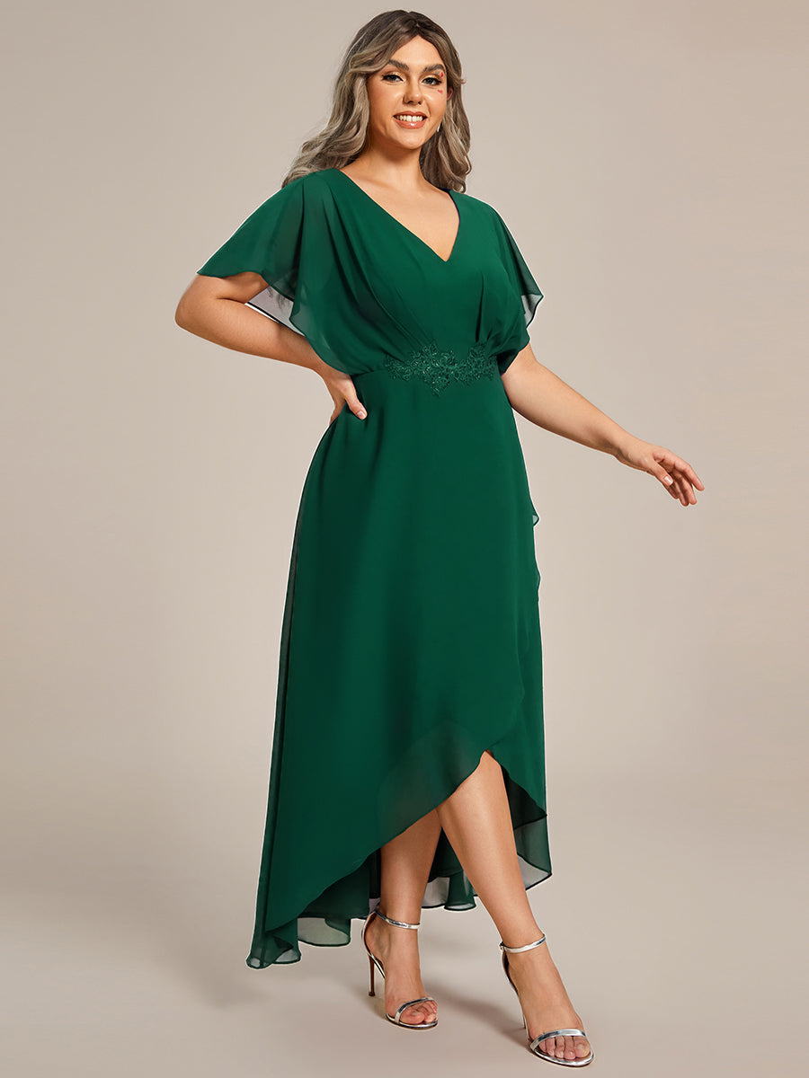 Robe D'invité De Mariage En Mousseline De Soie Mi-Longue Plissée à Manches à Volants Et Col En V #Couleur_Vert Fonce