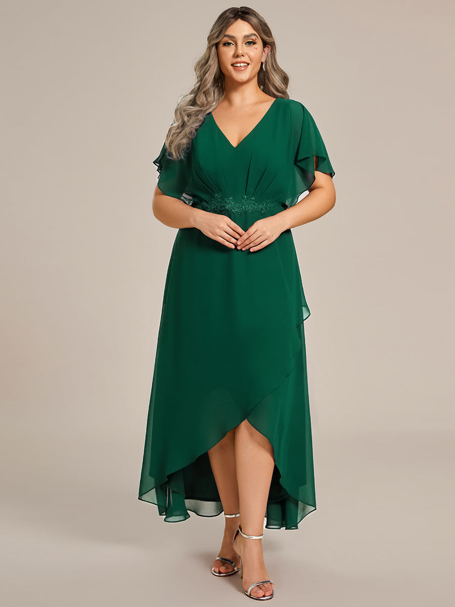 Robe D'invité De Mariage En Mousseline De Soie Mi-Longue Plissée à Manches à Volants Et Col En V #Couleur_Vert Fonce