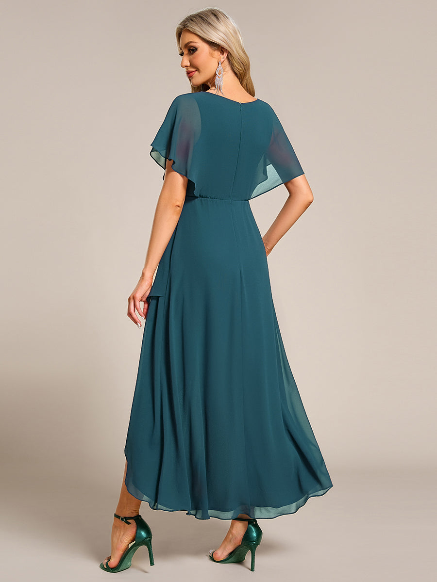 Robe D'invité De Mariage En Mousseline De Soie Mi-Longue Plissée à Manches à Volants Et Col En V #Couleur_Bleu Sarcelle