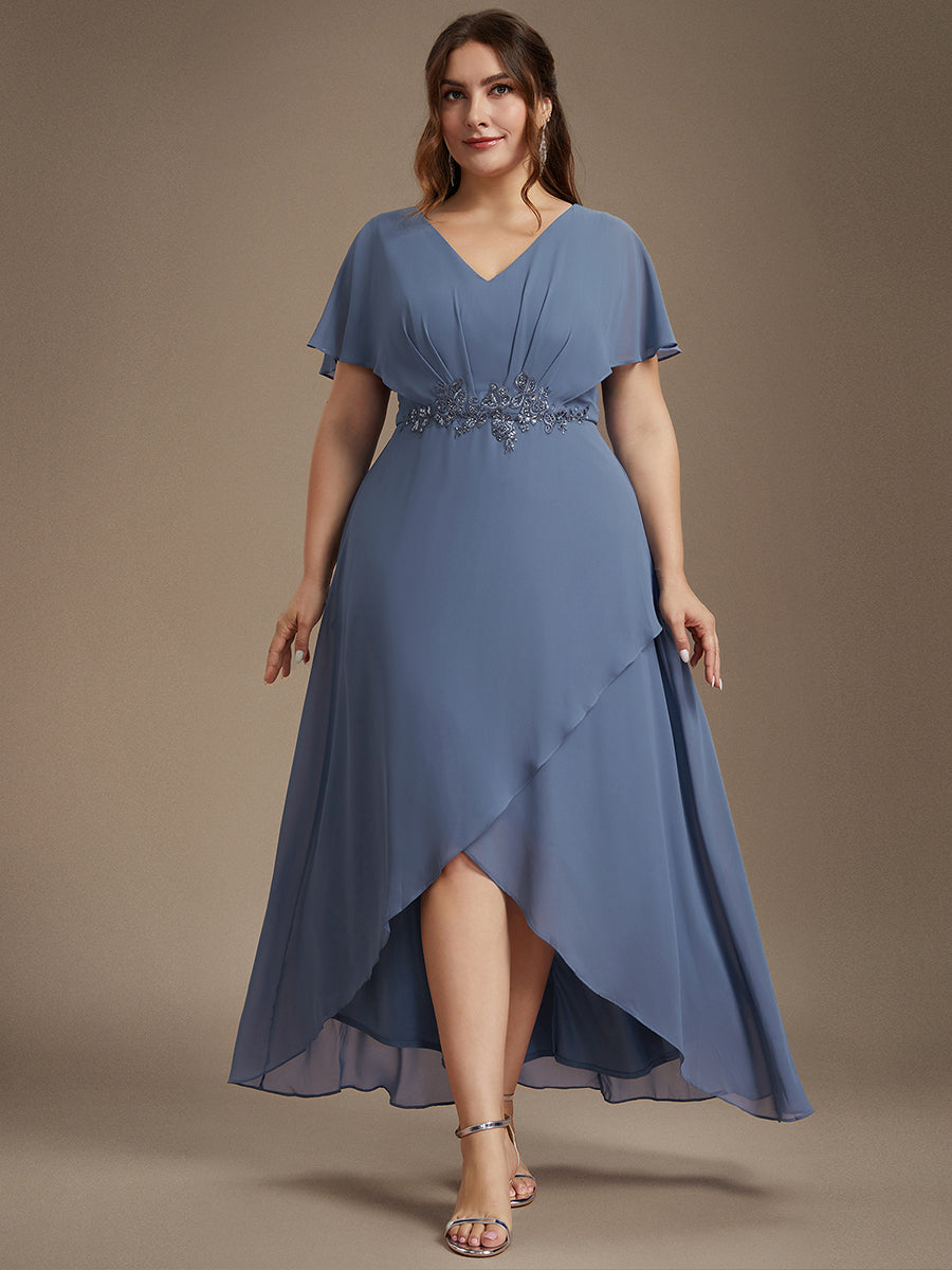 Robe Formelle élégante à Manches Courtes Et Taille Trapèze Avec Ourlet En Feuille De Lotus #Couleur_Marine Fume