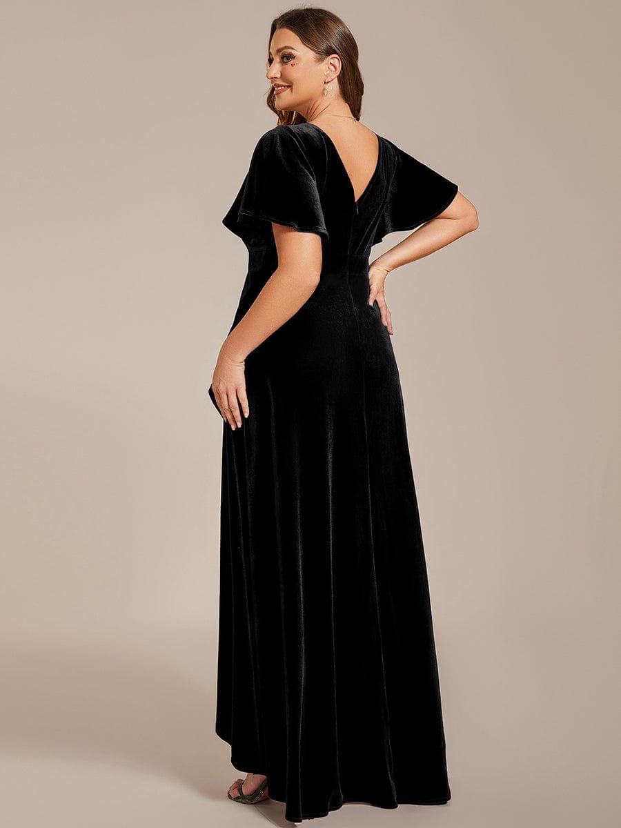GRANDE TAILLE Robe de soirée en velours extensible à double col en V et manches courtes avec ourlet en feuille de lotus #Couleur_Noir