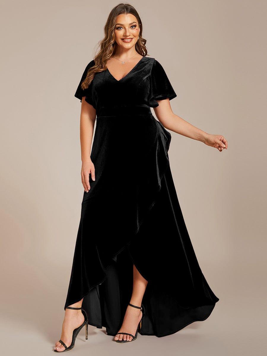 GRANDE TAILLE Robe de soirée en velours extensible à double col en V et manches courtes avec ourlet en feuille de lotus #Couleur_Noir