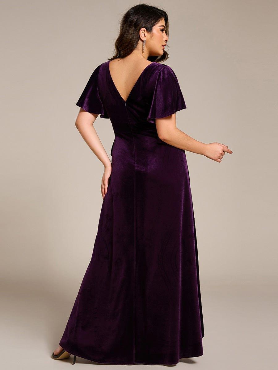 GRANDE TAILLE Robe de soirée en velours extensible à double col en V et manches courtes avec ourlet en feuille de lotus #Couleur_Violet Fonce