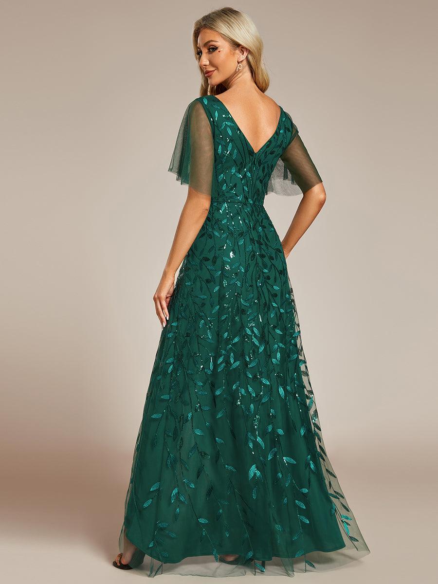 Robes de soirée pailletées à col en V et fente haute #Couleur_Vert Fonce