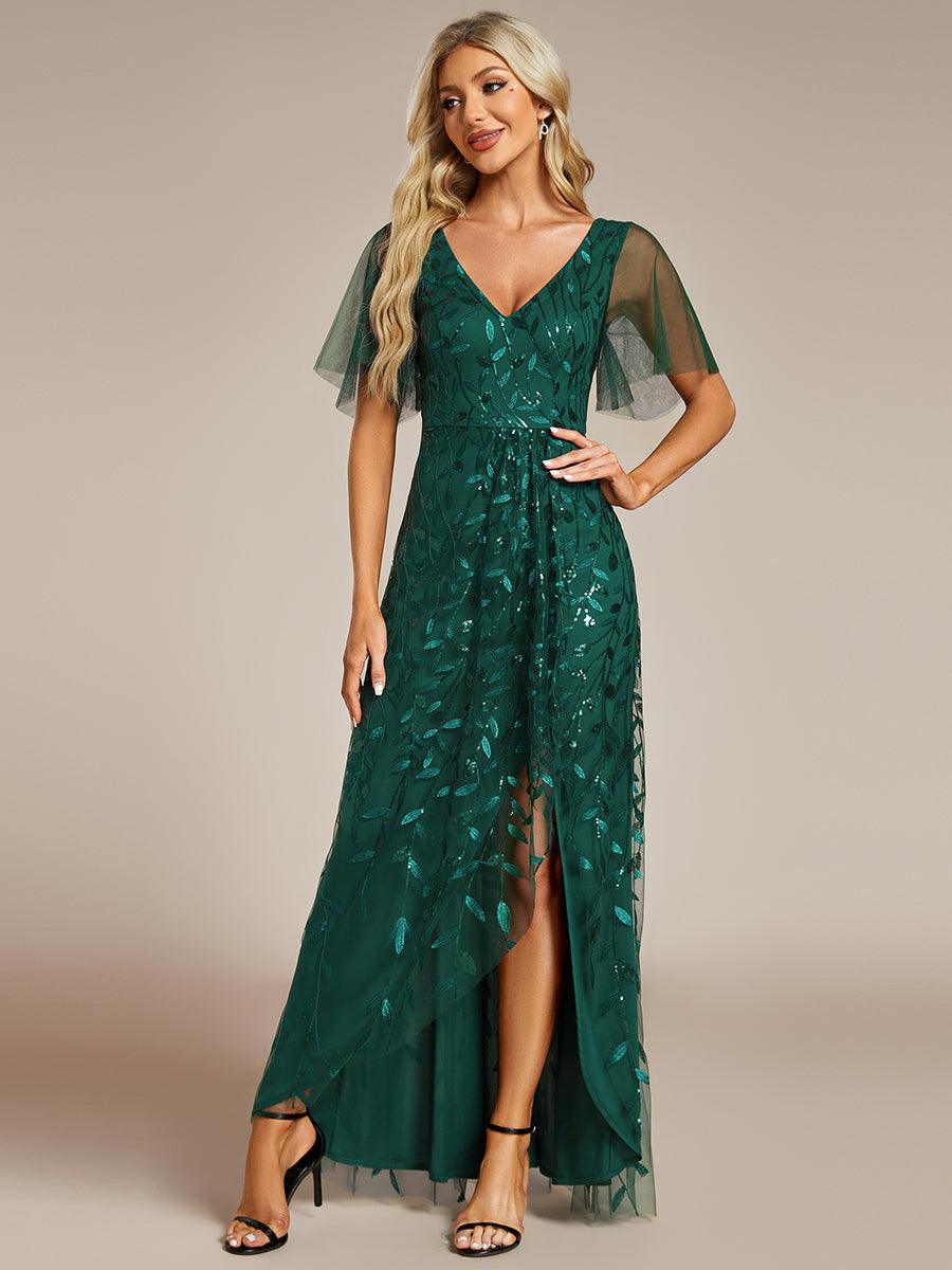 Robes de soirée pailletées à col en V et fente haute #Couleur_Vert Fonce