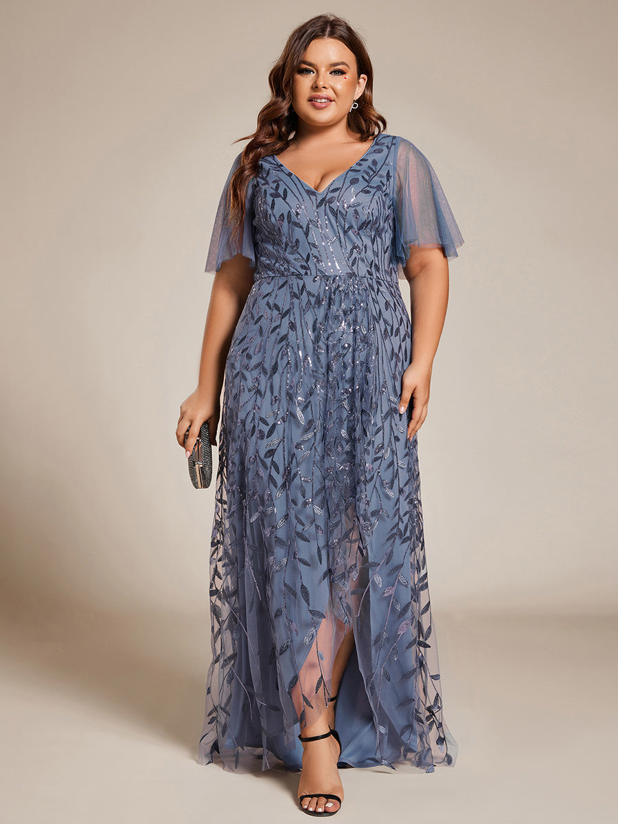 Robes de soirée pailletées à fente haute et col en V de grande taille #Couleur_Marine Fume
