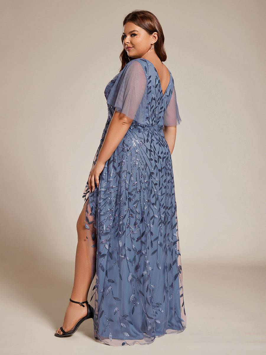 Robes de soirée pailletées à fente haute et col en V de grande taille #Couleur_Marine Fume
