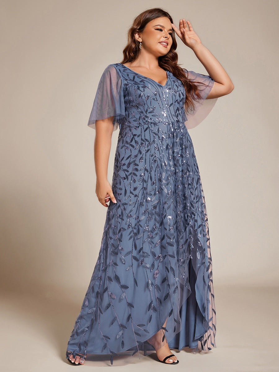 Robes de soirée pailletées à fente haute et col en V de grande taille #Couleur_Marine Fume