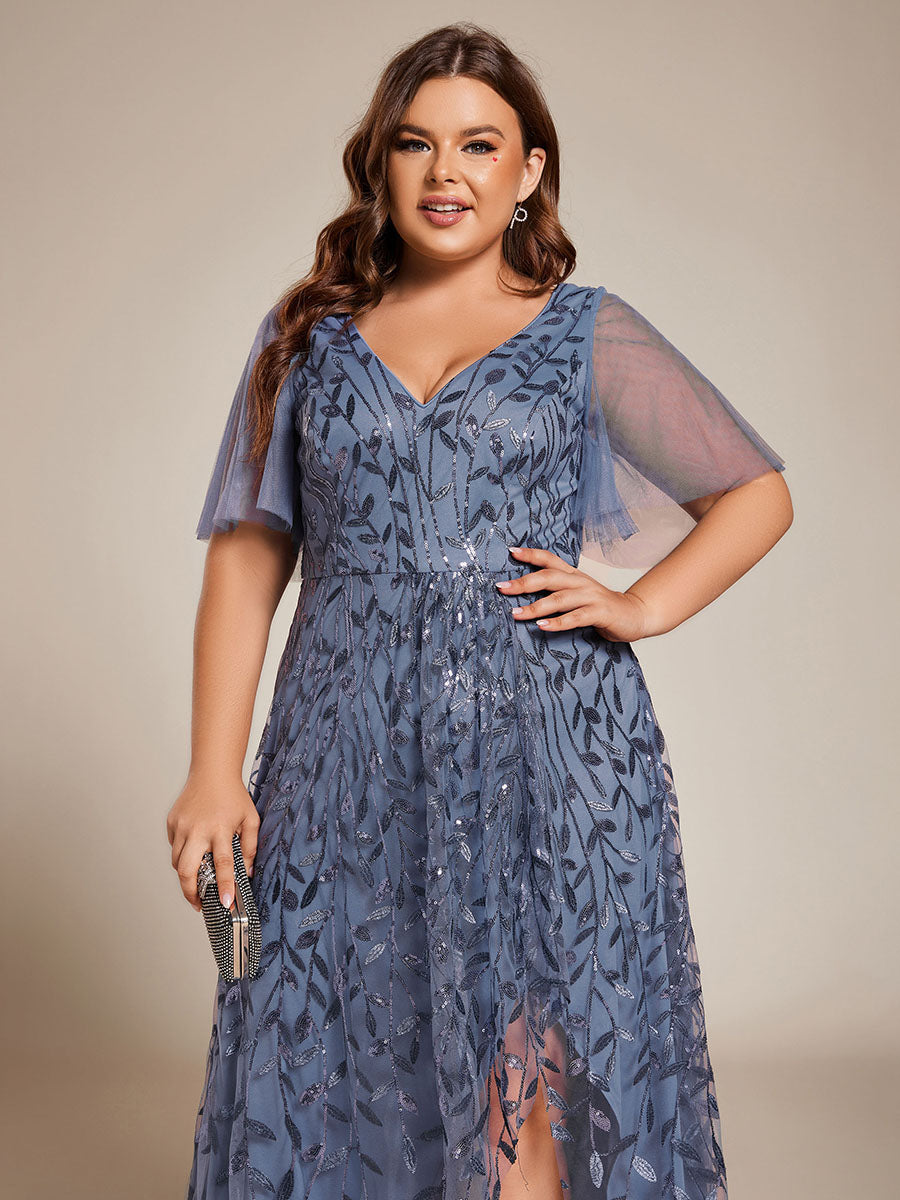 Robes de soirée pailletées à fente haute et col en V de grande taille #Couleur_Marine Fume