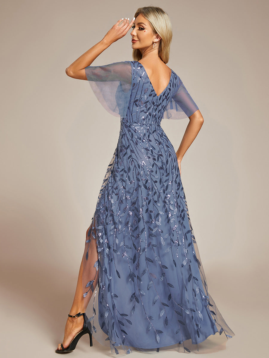 Robes de soirée pailletées à col en V et fente haute #Couleur_Marine Fume