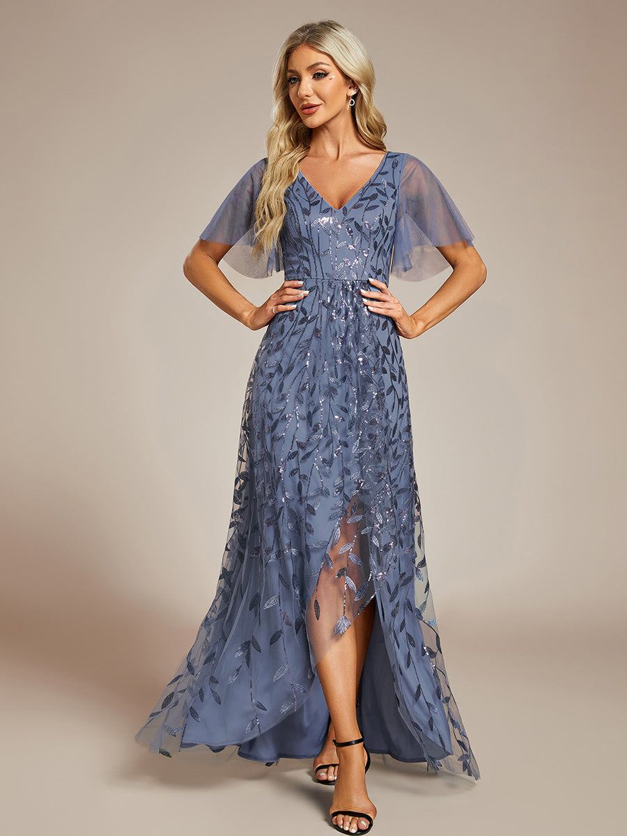 Robes de soirée pailletées à col en V et fente haute #Couleur_Marine Fume