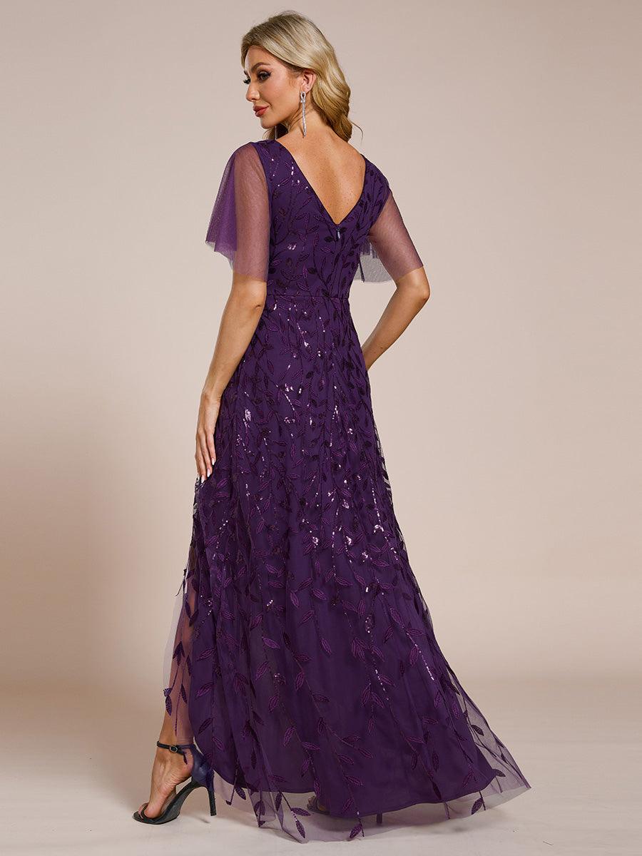 Robes de soirée pailletées à col en V et fente haute #Couleur_Violet Fonce