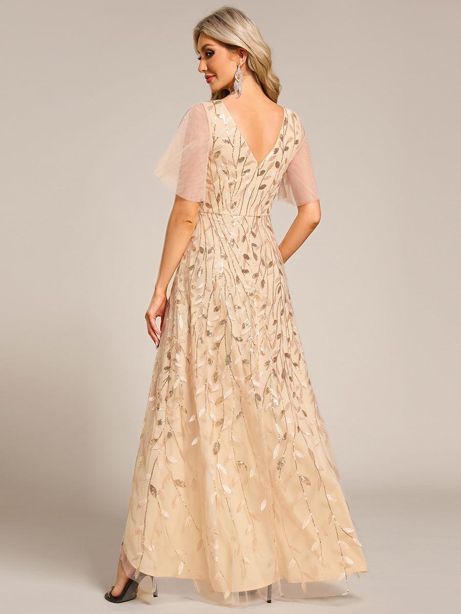 Robes de soirée pailletées à col en V et fente haute #Couleur_Dorée