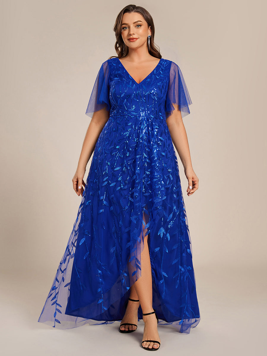 Robes de soirée pailletées à col en V et fente haute #Couleur_Bleu Saphir