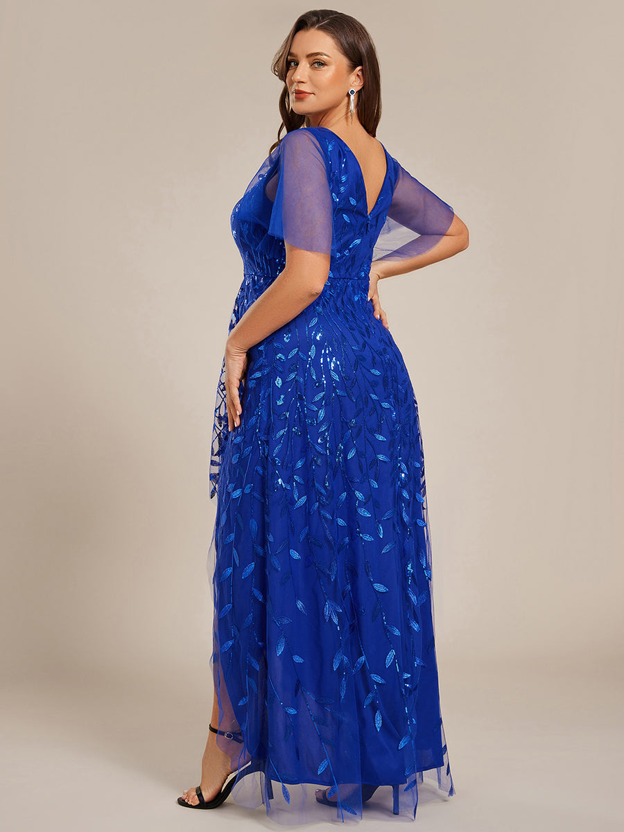 Robes de soirée pailletées à col en V et fente haute #Couleur_Bleu Saphir