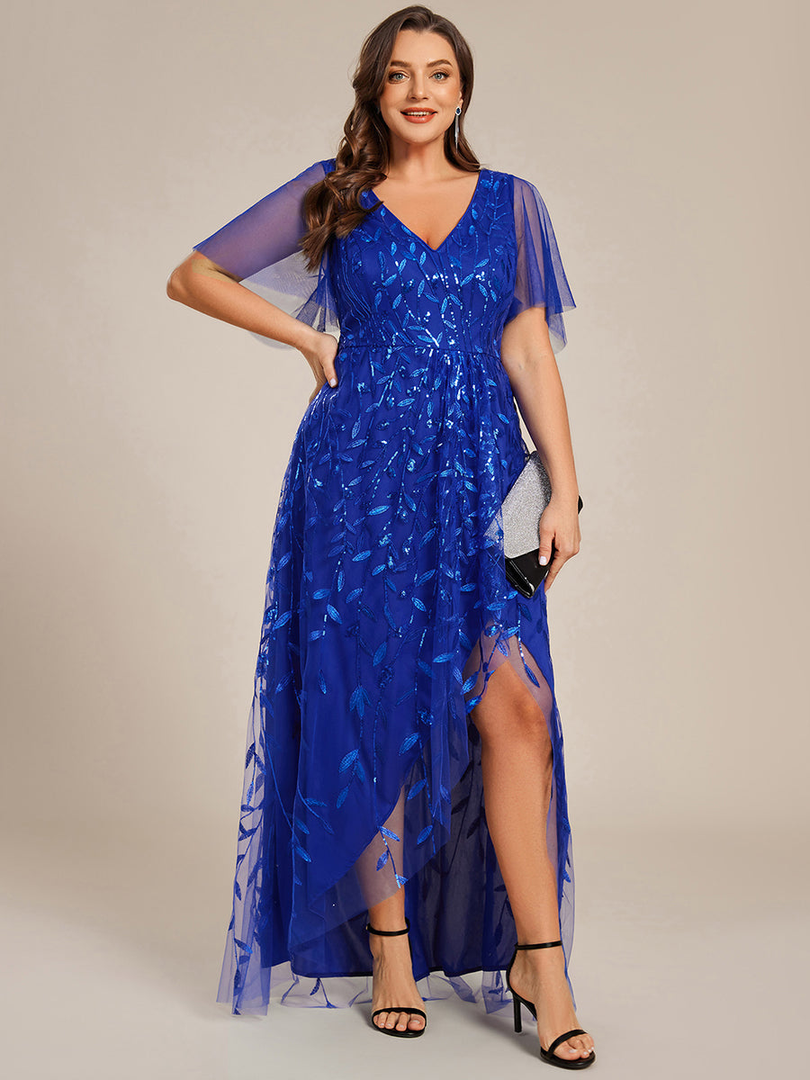 Robes de soirée pailletées à col en V et fente haute #Couleur_Bleu Saphir