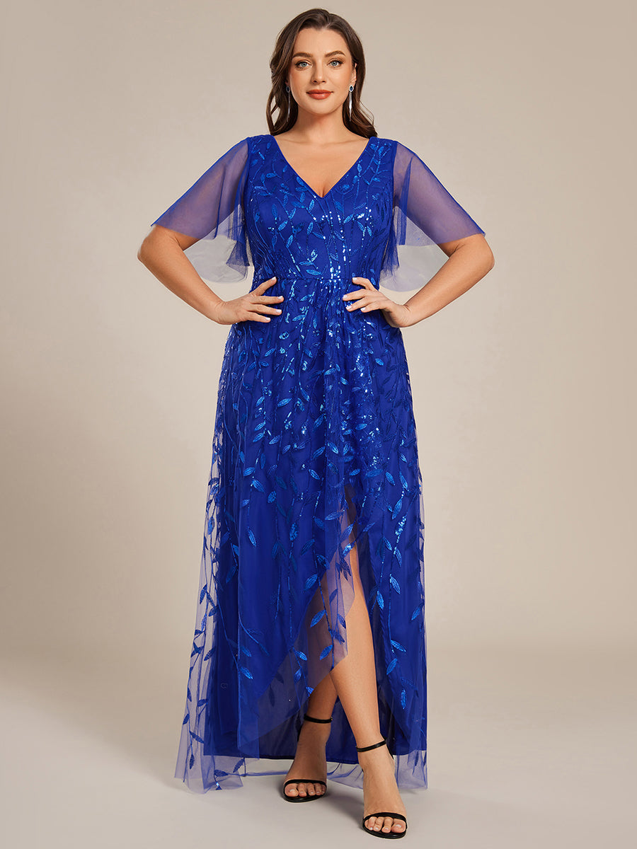 Robes de soirée pailletées à col en V et fente haute #Couleur_Bleu Saphir