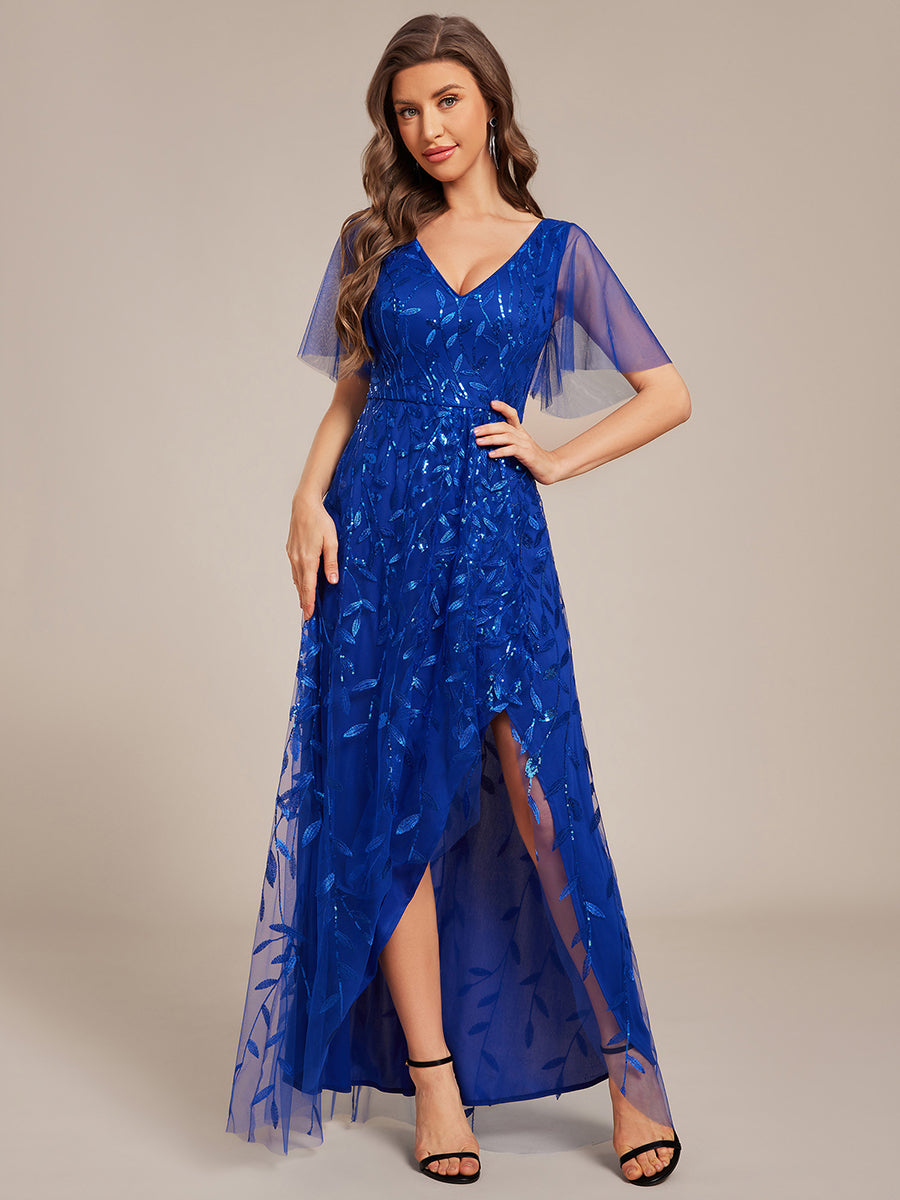 Robes de soirée pailletées à col en V et fente haute #Couleur_Bleu Saphir