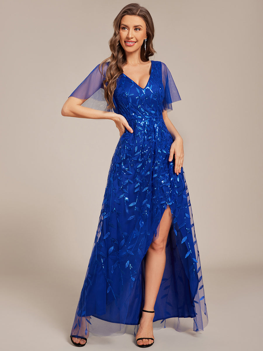 Robes de soirée pailletées à col en V et fente haute #Couleur_Bleu Saphir