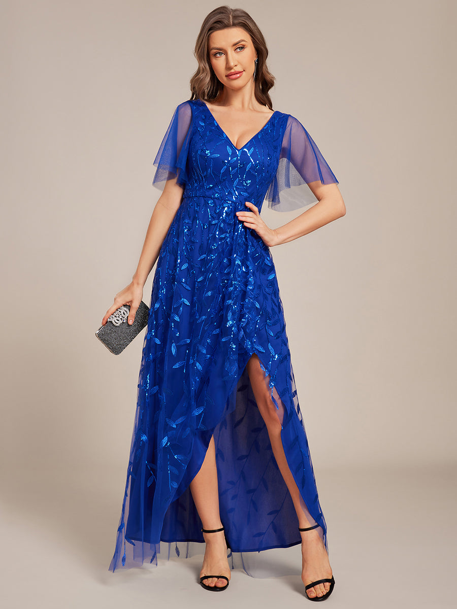 Robes de soirée pailletées à col en V et fente haute #Couleur_Bleu Saphir