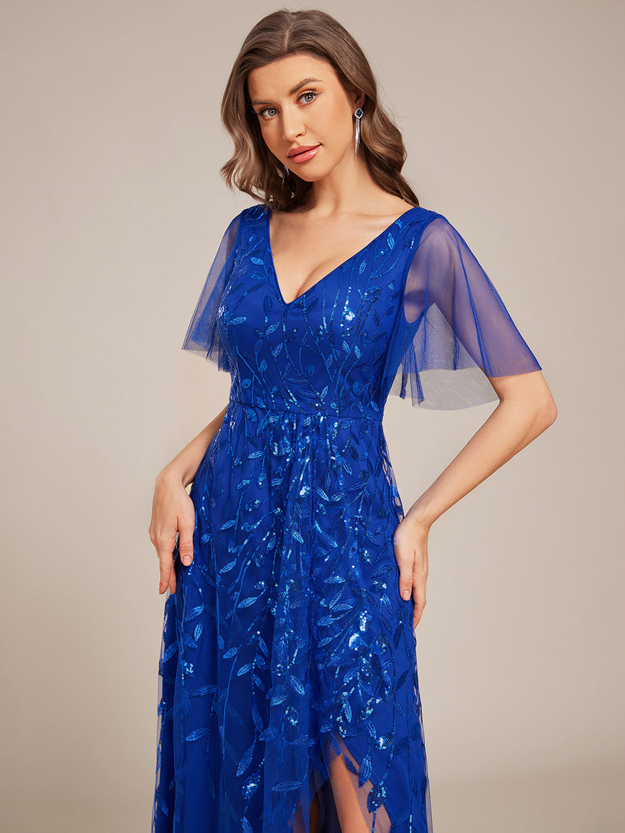 Robes de soirée pailletées à col en V et fente haute #Couleur_Bleu Saphir