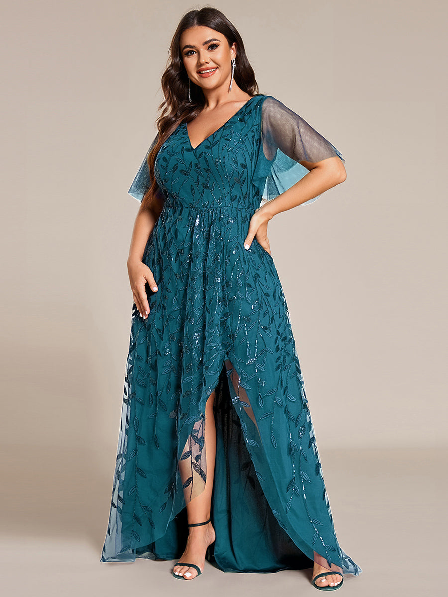 Robes de soirée pailletées à col en V et fente haute #Couleur_Bleu Sarcelle