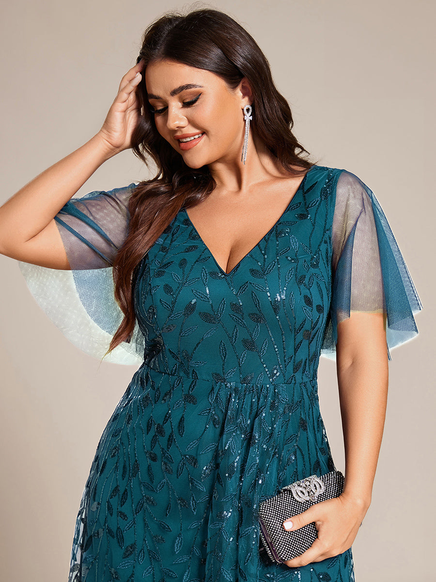 Robes de soirée pailletées à col en V et fente haute #Couleur_Bleu Sarcelle