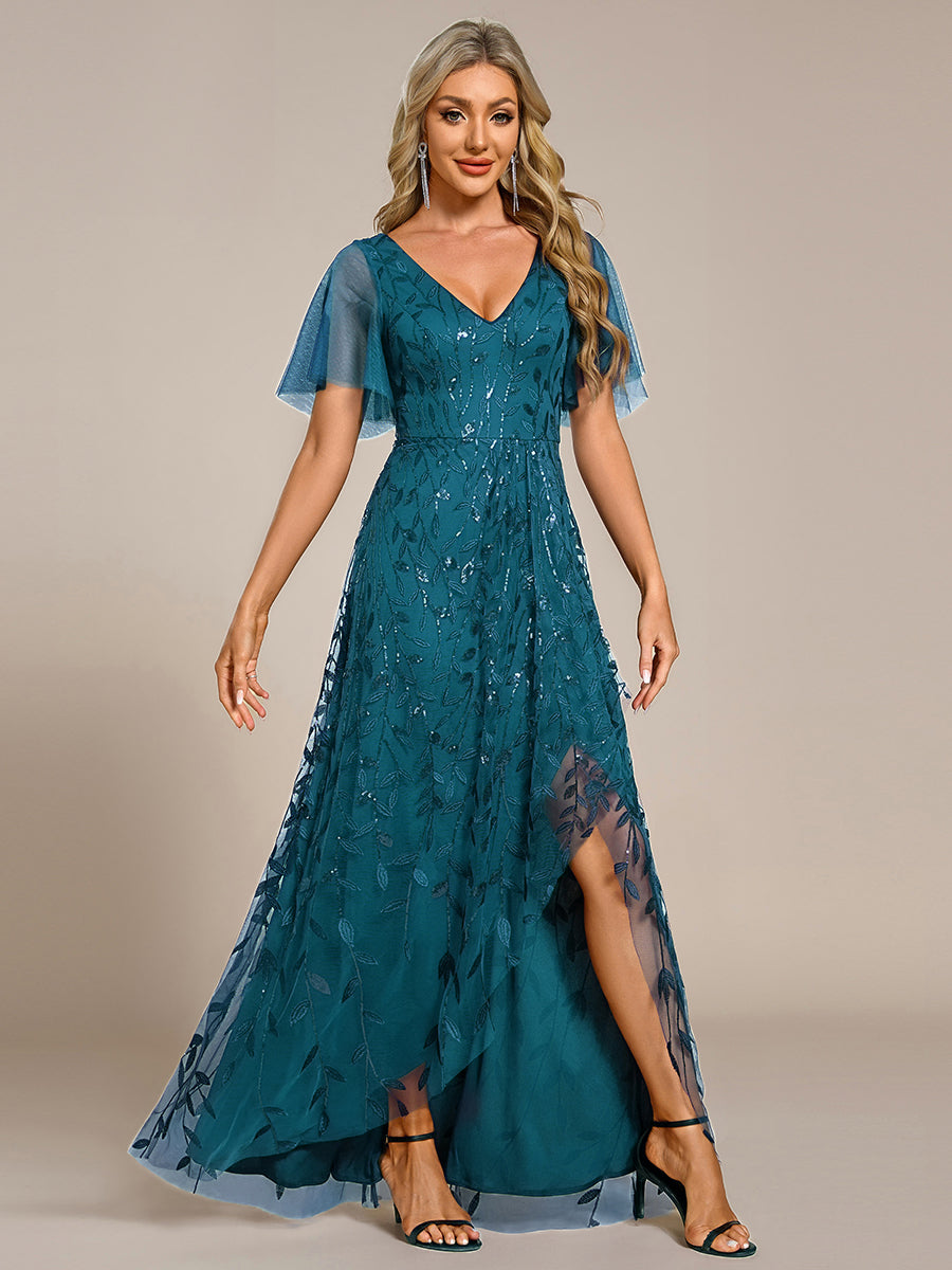 Robes de soirée pailletées à col en V et fente haute #Couleur_Bleu Sarcelle
