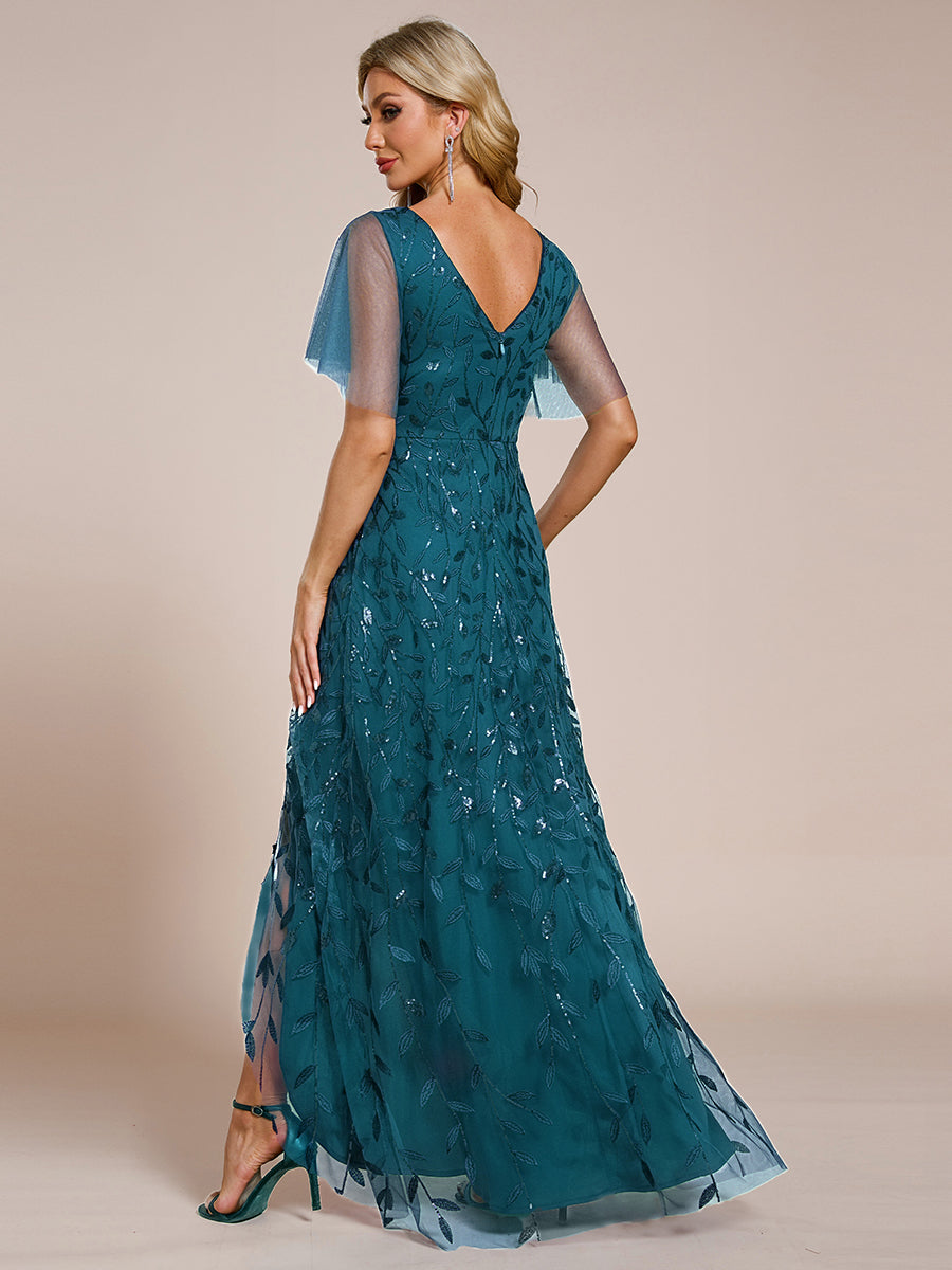 Robes de soirée pailletées à col en V et fente haute #Couleur_Bleu Sarcelle