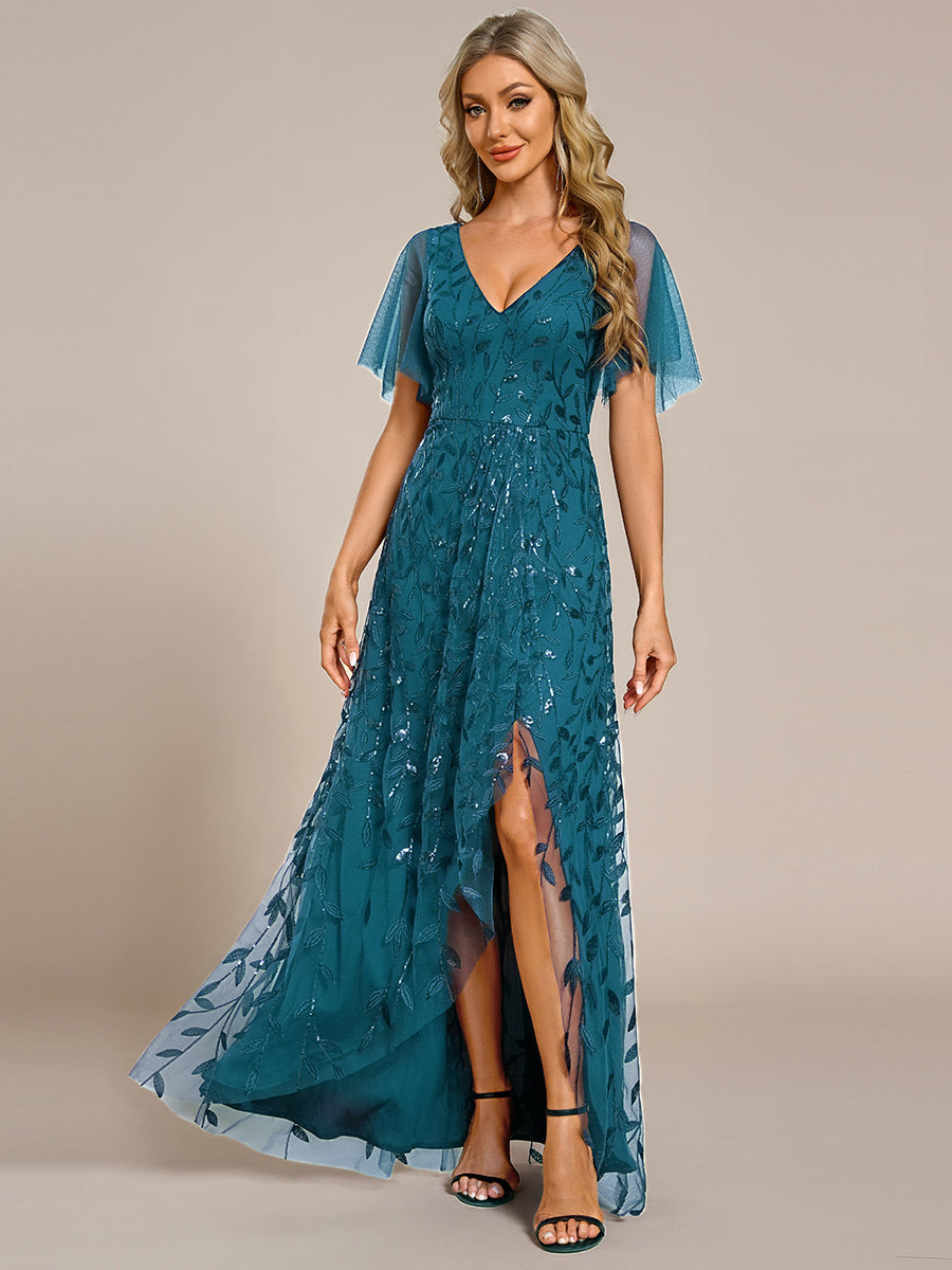 Robes de soirée pailletées à col en V et fente haute #Couleur_Bleu Sarcelle