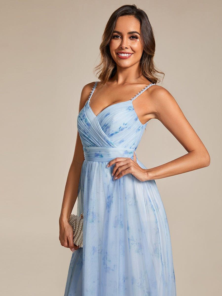 Robe de soirée florale à bretelles spaghetti et taille empire avec col en V #Couleur_Bleu Glace