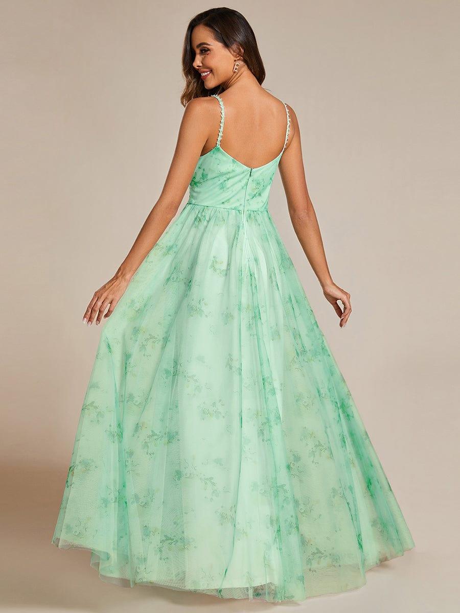 Robe de soirée florale à bretelles spaghetti et taille empire avec col en V #Couleur_Menthe Verte