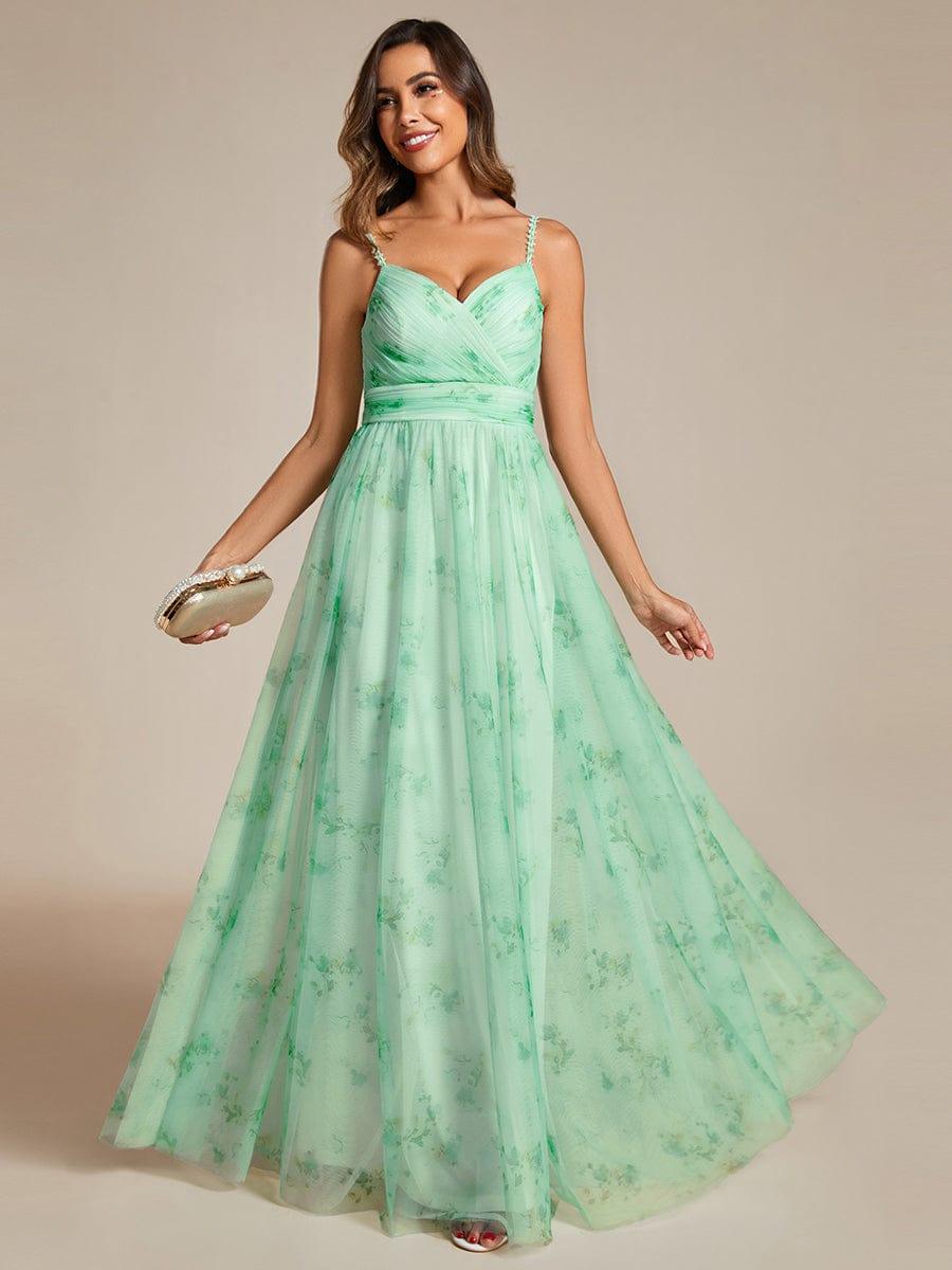 Robe de soirée florale à bretelles spaghetti et taille empire avec col en V #Couleur_Menthe Verte