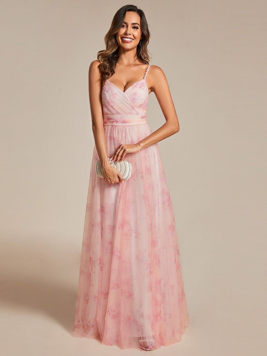 Robe de soirée florale à bretelles spaghetti et taille empire avec col en V #Couleur_Rose