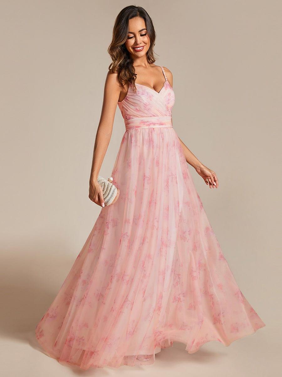 Robe de soirée florale à bretelles spaghetti et taille empire avec col en V #Couleur_Rose