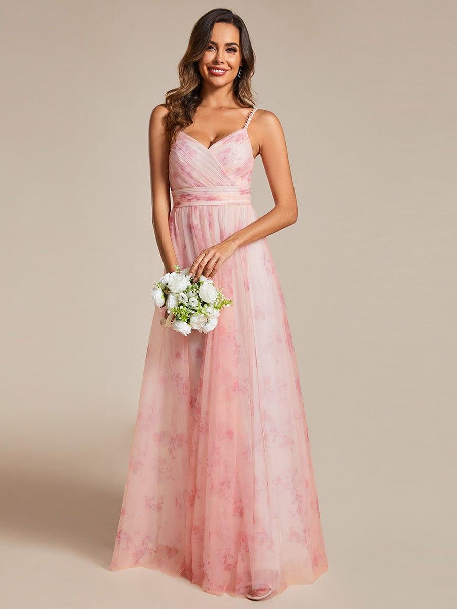 Robe de soirée florale à bretelles spaghetti et taille empire avec col en V #Couleur_Rose