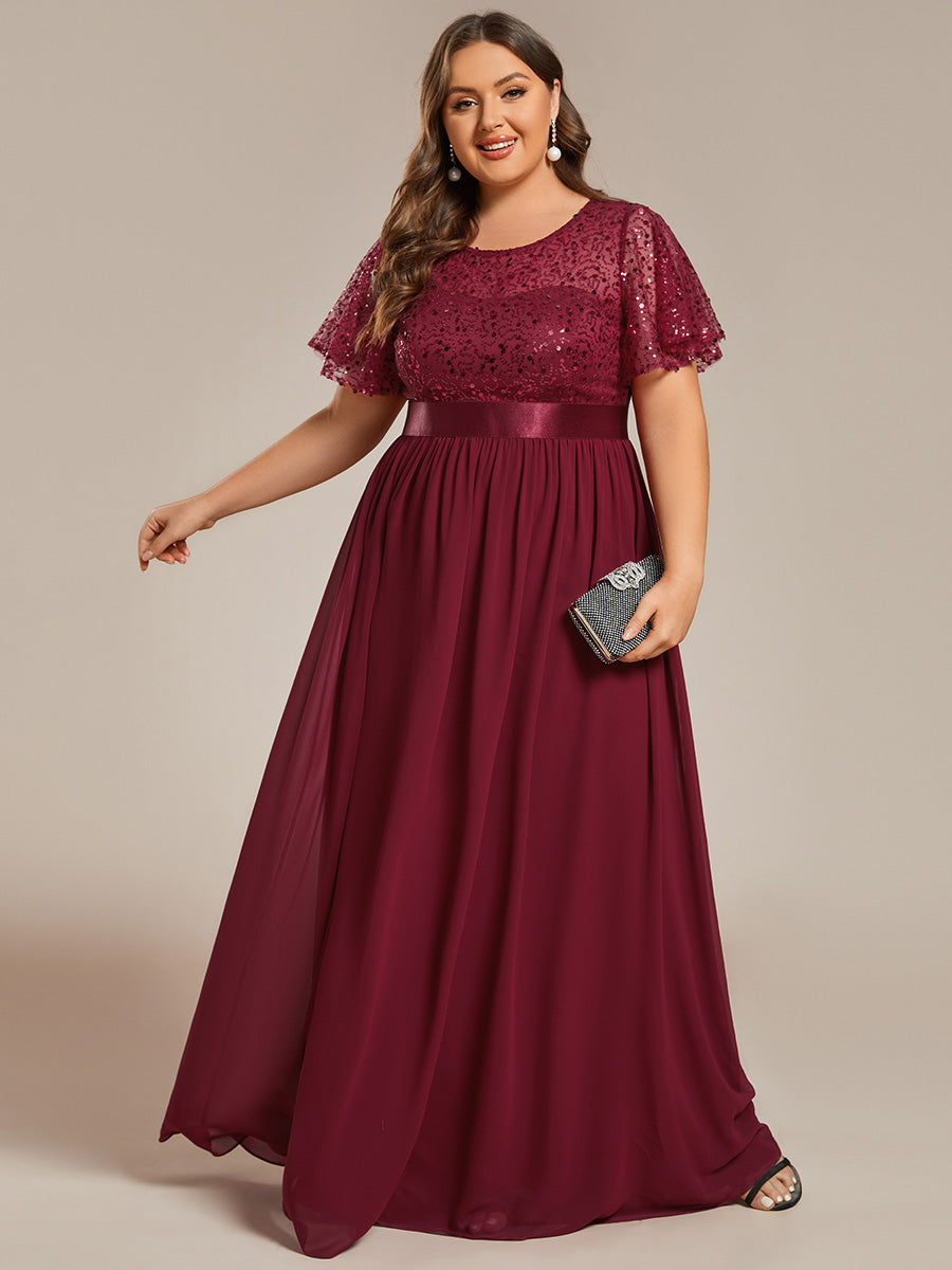 Robe de soirée à manches courtes et col rond à sequins taille haute(Vente finale) #Couleur_Bordeaux