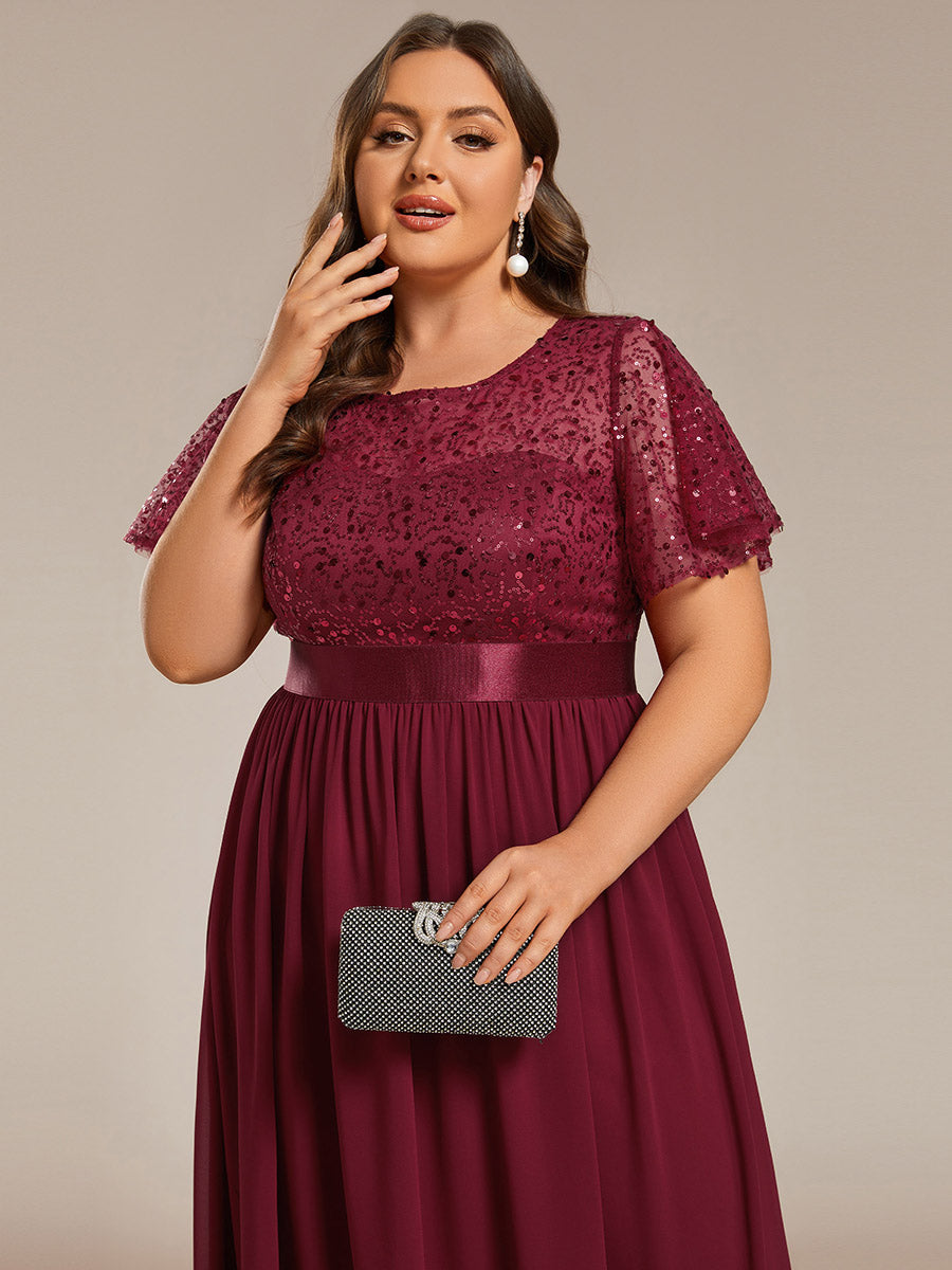 Robe de soirée à manches courtes et col rond à sequins taille haute(Vente finale) #Couleur_Bordeaux