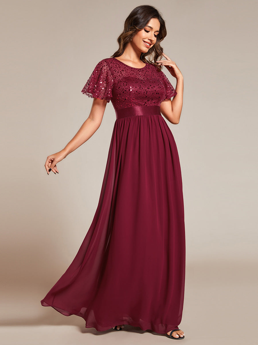 Robe de soirée à manches courtes et col rond à sequins taille haute(Vente finale) #Couleur_Bordeaux